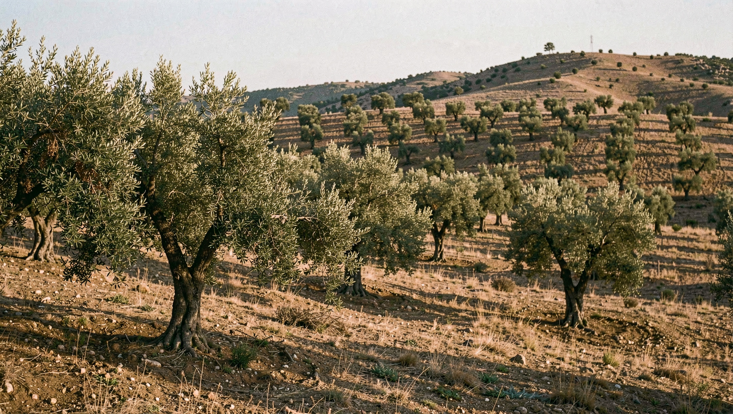 Rangs d'oliviers réguliers épousant des collines sèches, la lumière rasante du soir dessine l'ombre de chaque arbre