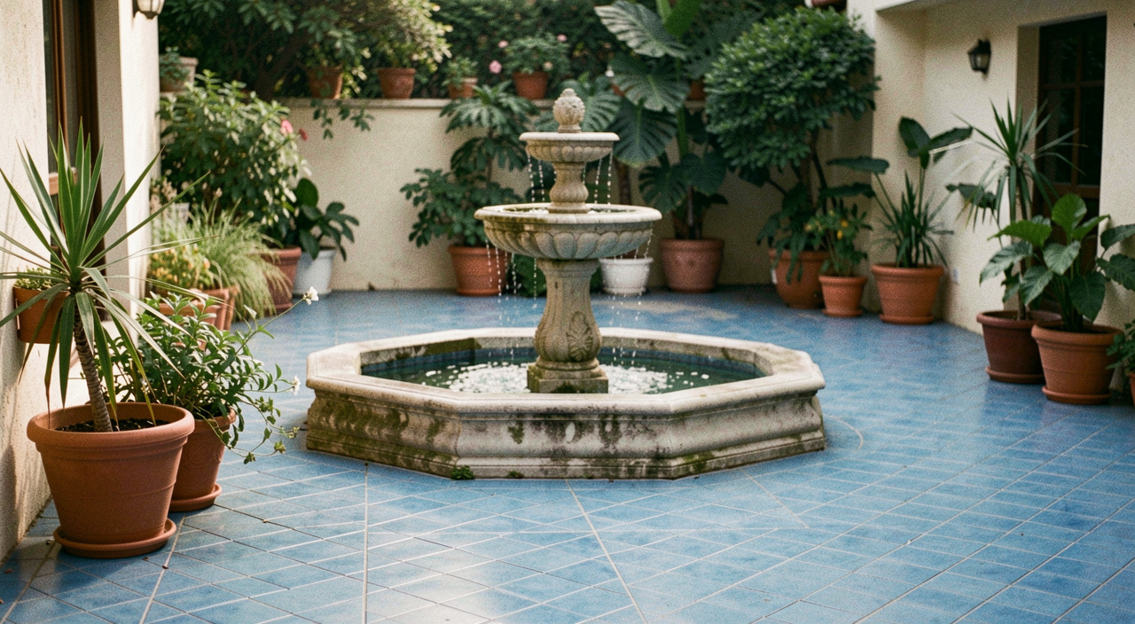 Patio carré au sol de carreaux bleus, une fontaine centrale et des plantes en pot dans une lumière diffuse sans ombre marquée