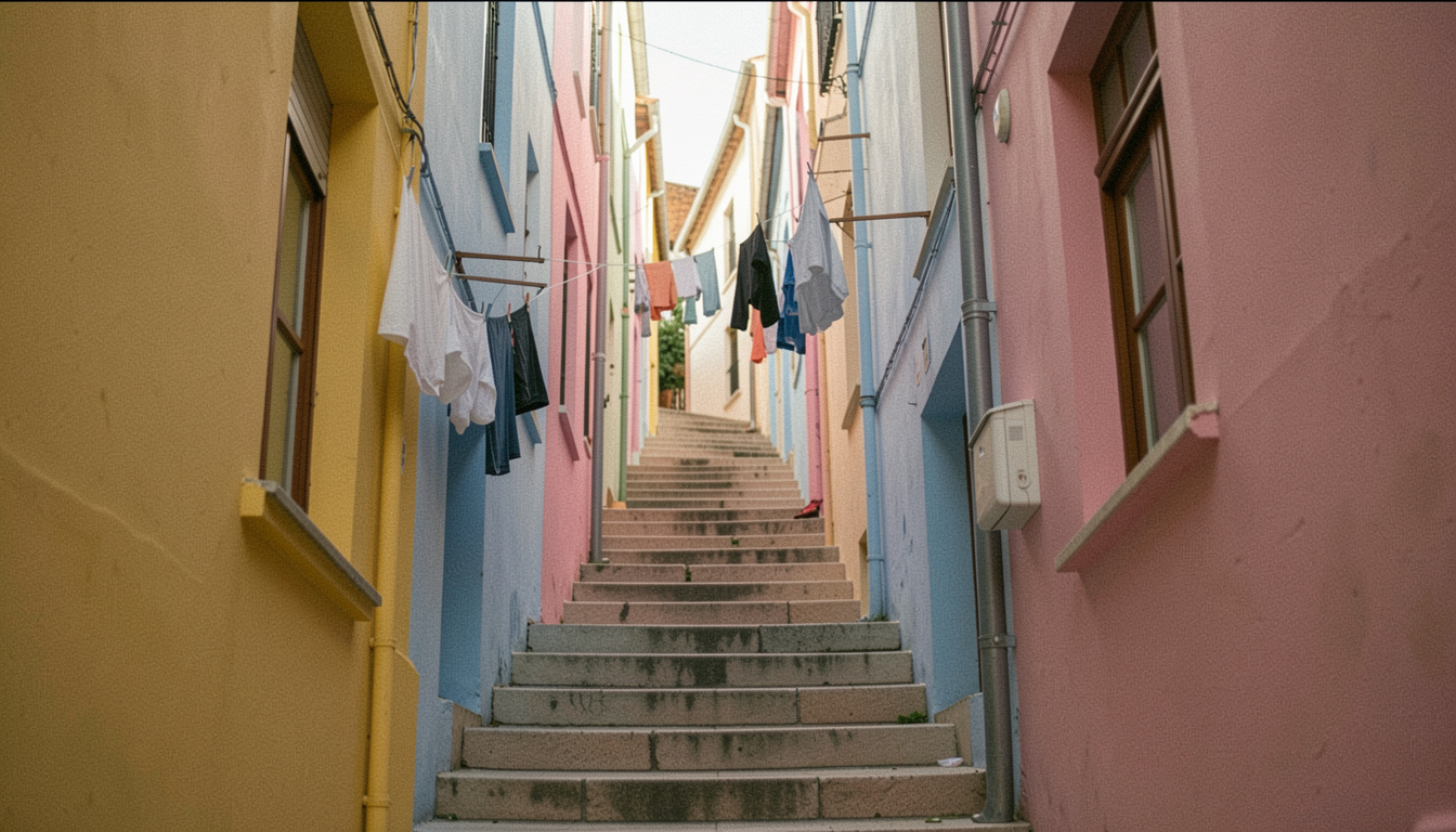 Escalier étroit bordé de maisons peintes en jaune, bleu et rose, du linge tendu entre deux fenêtres, lumière du matin