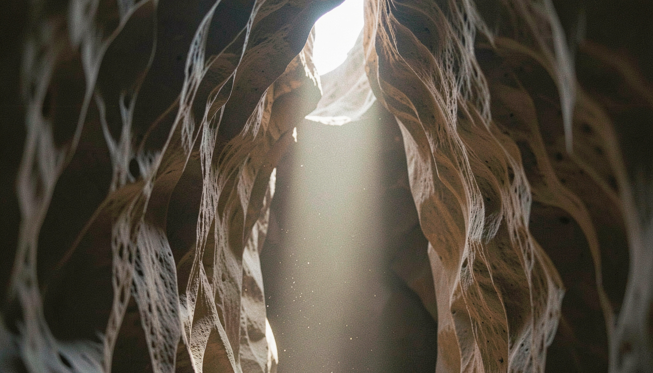 Paroi ondulée d'un canyon étroit, un faisceau de lumière tombe de l'ouverture supérieure et rend la poussière visible