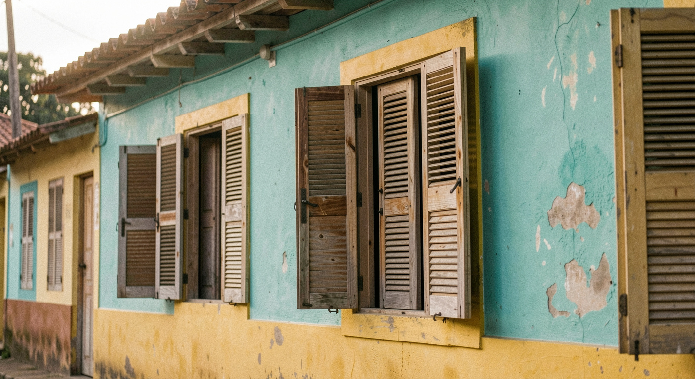 Façade de maison créole peinte en turquoise et jaune, persiennes de bois entrouvertes, lumière latérale de fin d'après-midi