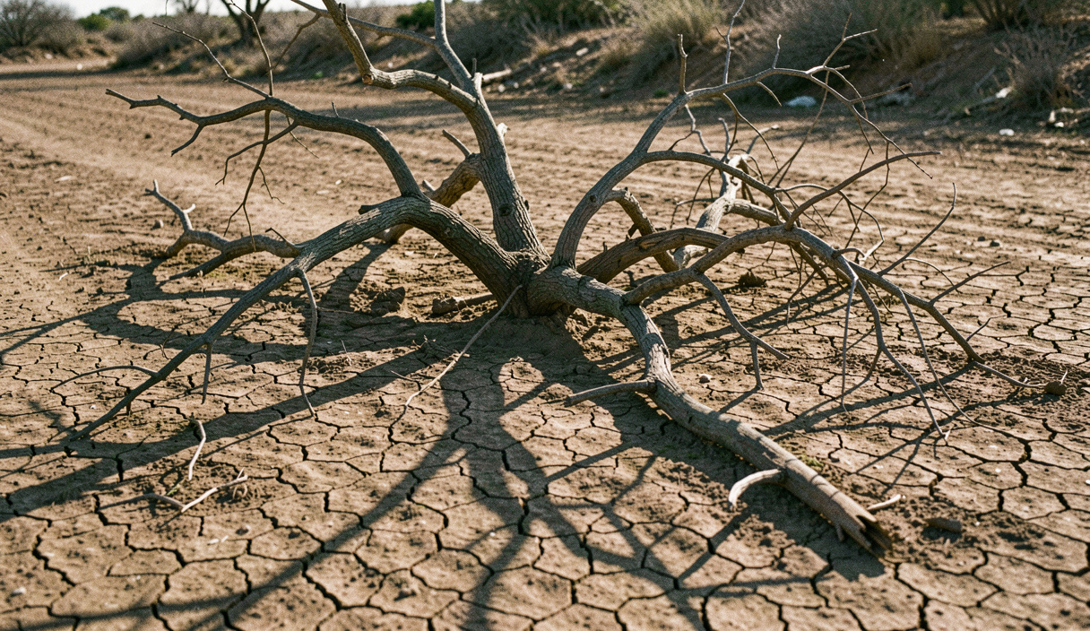 Arbre mort aux branches tordues sur un sol d'argile craquelée, ombre longue projetée par un soleil bas