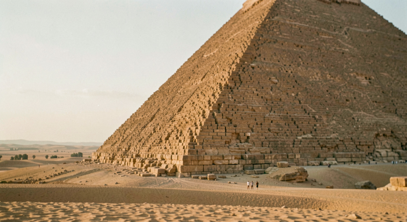 Arête d'une grande pyramide de pierre coupant le cadre en diagonale, le sable du plateau et le monument prennent la même teinte dorée en fin de journée