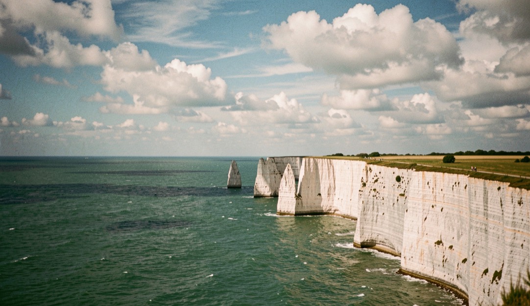 Depuis un promontoire herbeux au-dessus d'une mer ridée, un dos sombre de marsouin émerge entre deux crêtes, cadré en longue focale avec l'horizon placé au tiers supérieur et la lumière rasante du matin sur l'eau.