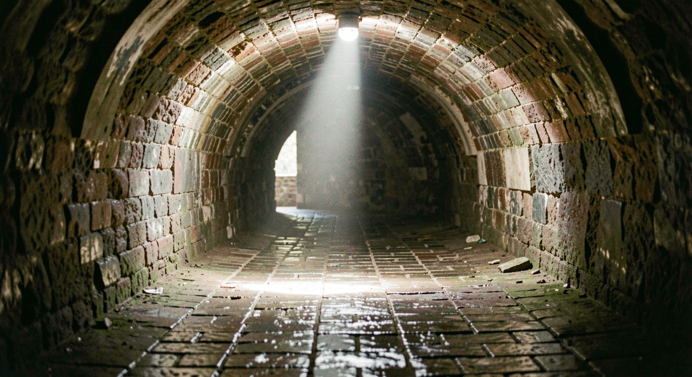 Ruelle voûtée aux pavés usés et brillants, un unique rai de lumière tombe d'une ouverture et éclaire un carré de sol