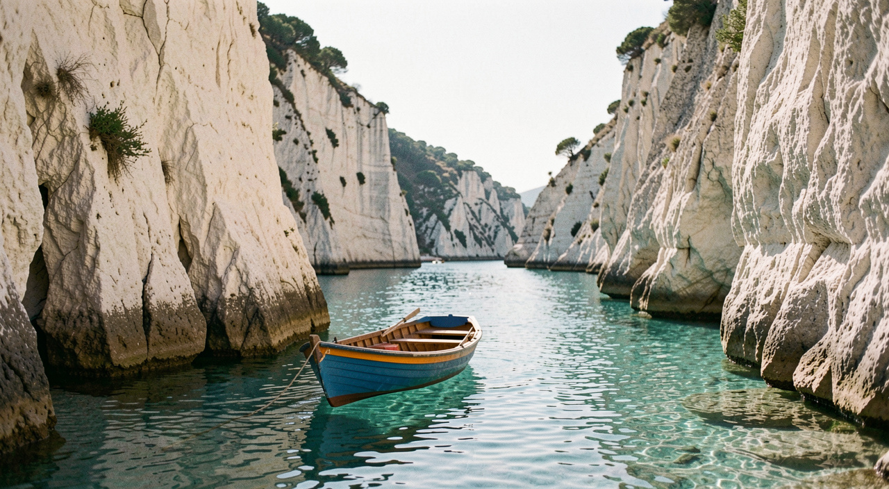 Crique étroite bordée de falaises calcaires claires, une petite barque colorée flotte sur une eau turquoise très transparente au matin