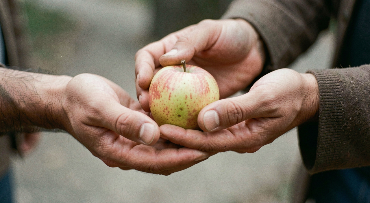 Gros plan sur deux mains qui tendent un fruit au-dessus d'une balance de bord, le reste de la barque reste flou à l'arrière