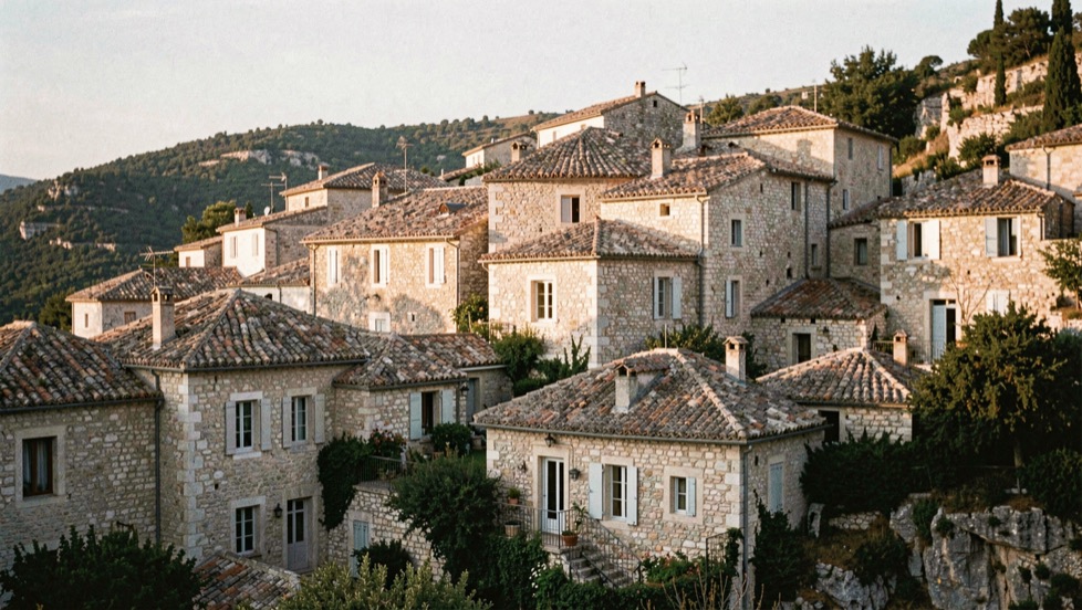 Un casale en pierre calcaire posé sur une pente labourée au-dessus de Spello, façade éclairée de biais par le soleil bas de fin d'après-midi, un cyprès isolé à droite, collines en arrière-plan dans une brume légère, cadrage horizontal au téléobjectif moyen.