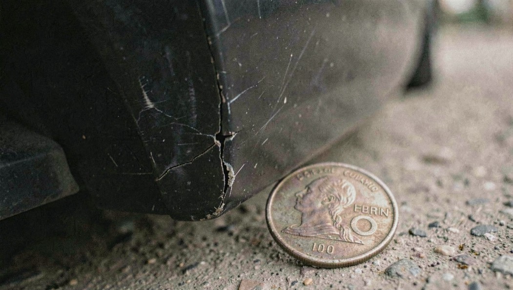 Fissure fine dans le coin d'un pare-chocs noir, une pièce de monnaie posée à côté pour donner l'échelle, lumière latérale douce, mise au point sur l'arête de la fente