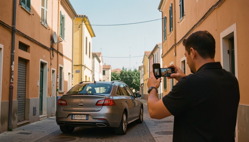 Une personne photographie avec son téléphone l'aile arrière d'une voiture garée dans une ruelle de ville portuaire, murs ocre et ciel bleu, la voiture vue de trois quarts arrière