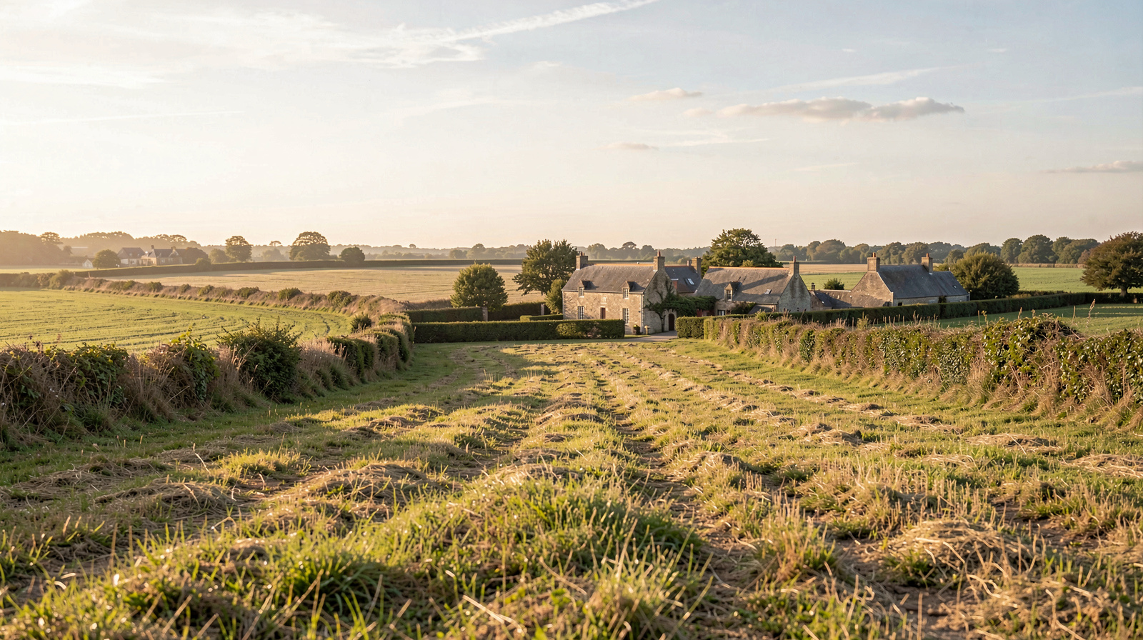 Vue en heure basse d'un hameau de pierre du bocage normand, pré de fauche au premier plan, haies et talus séparant les parcelles, lumière rasante venant de la gauche, cadrage large au tiers inférieur.'après-midi, lumière rasante sur le grès sombre, cadrage vertical serré sur la porte et les toits.