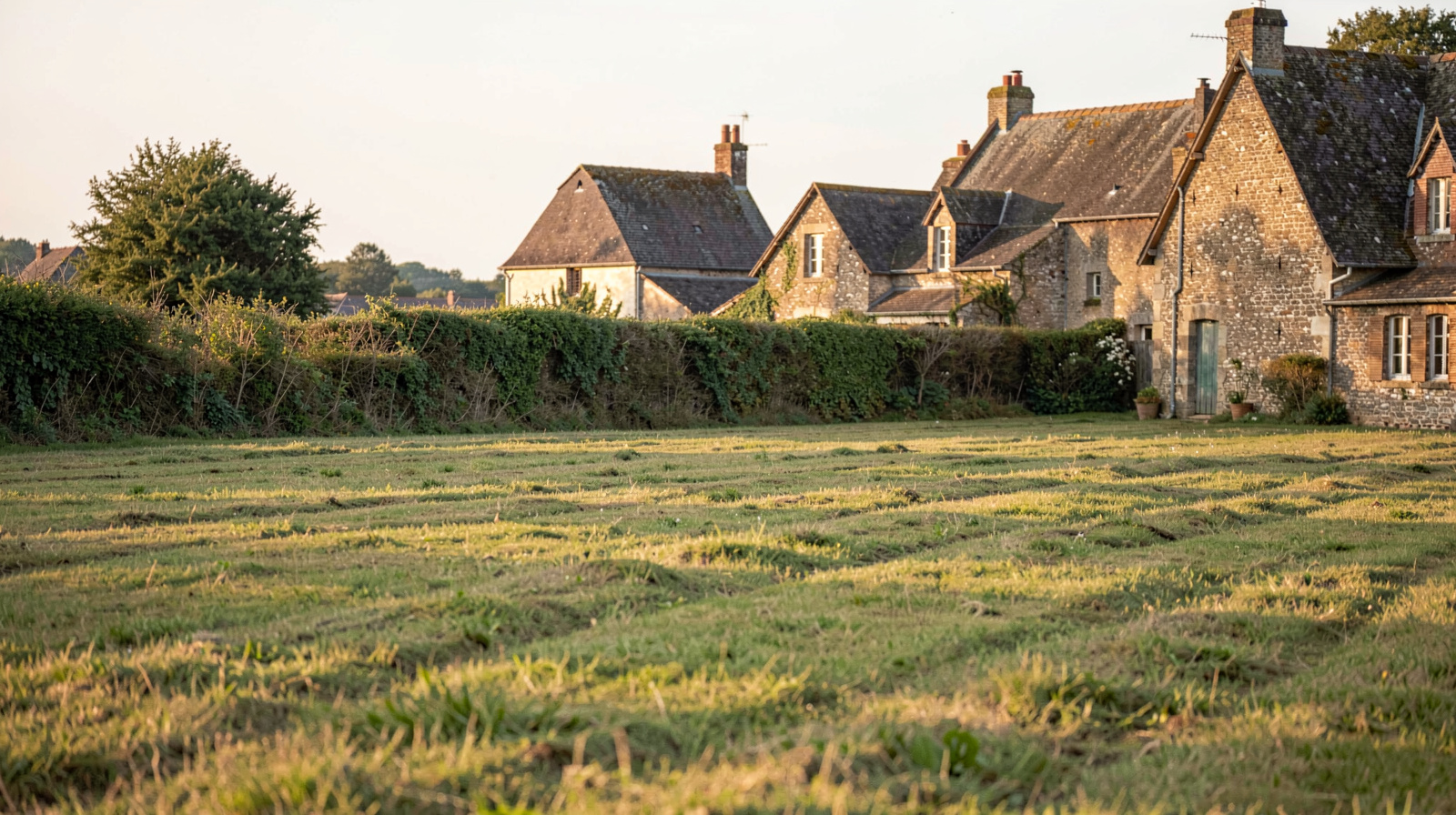 Un pré de fauche bordé d'une haie et d'un hameau de pierre en bocage normand, lumière rasante de fin d'après-midi, cadrage large avec le pré au premier plan et les toits de pierre à l'arrière-plan.'après-midi, lumière rasante sur le grès sombre, cadrage vertical serré sur la porte et les toits.