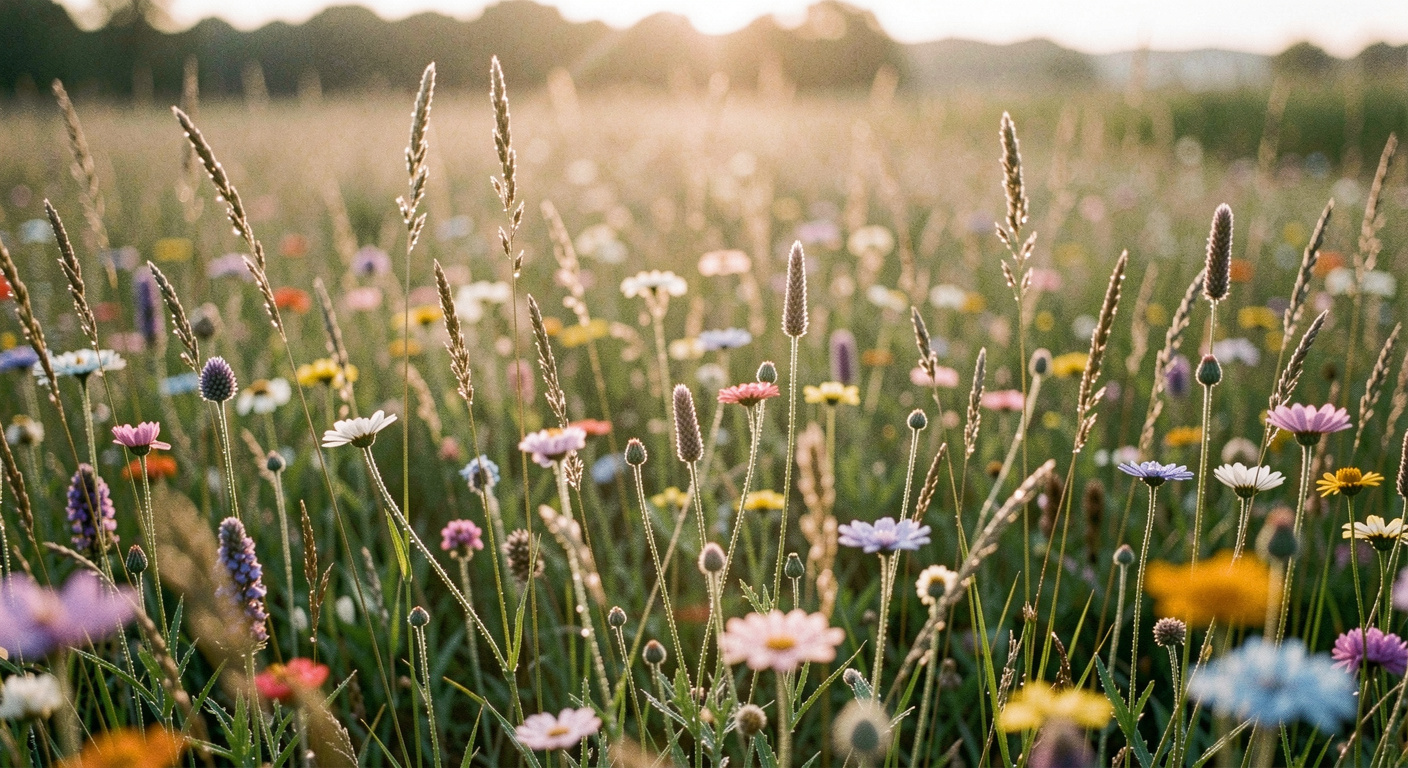 Prairie fleurie au petit matin, chaque tige porte des gouttes de rosée qui scintillent dans une lumière encore horizontale