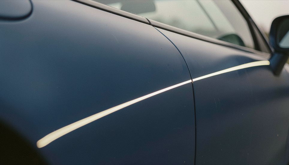 Gros plan sur une portière bleu nuit, un fil de lumière clair court le long d'une ligne de la carrosserie pendant que le reste de la surface reste profond et uniforme