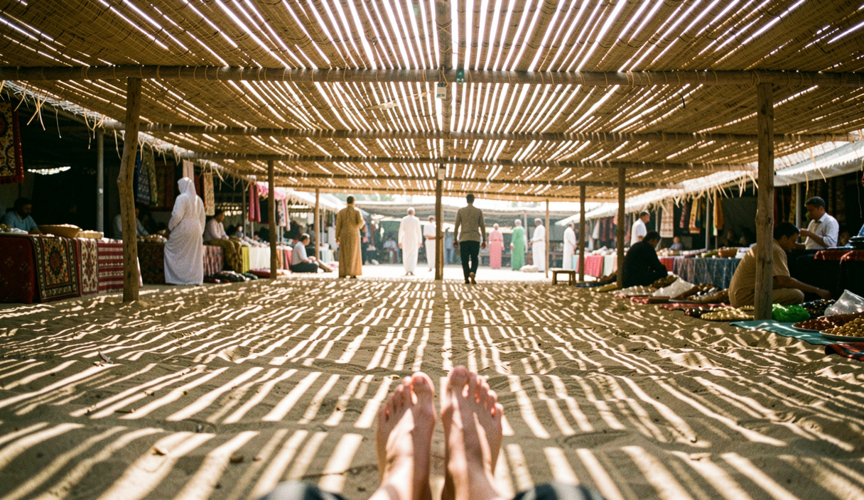 Sol de souk rayé de bandes de lumière régulières projetées par un auvent de roseaux, des pieds traversent le motif