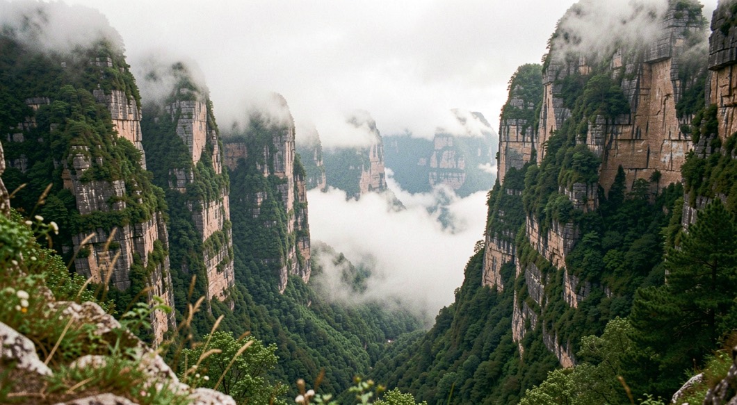 Un mirante de la Serra dos Órgãos au lever du jour, brume en bandes dans la vallée, la ville de Teresópolis en contrebas, cadrage large avec une crête sombre en premier plan.