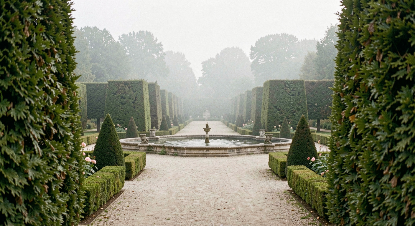 Grande perspective d'un jardin à la française, allée centrale bordée d'ifs taillés menant à un bassin, brume légère au fond de l'axe