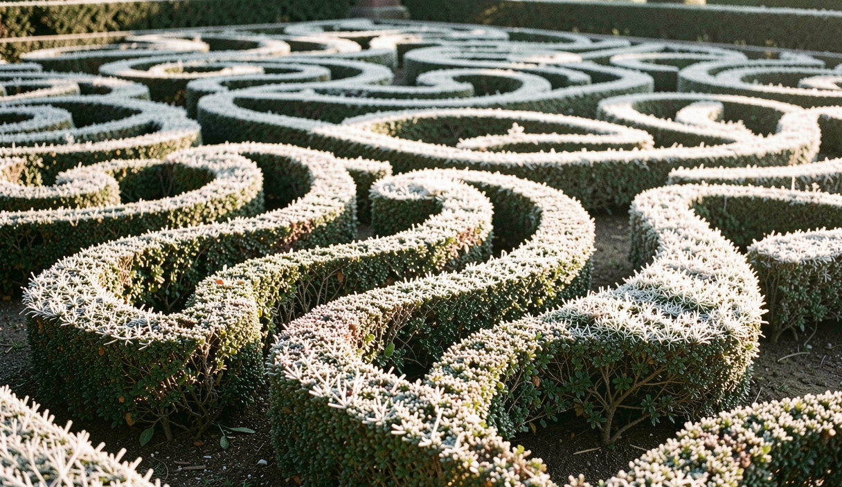 Parterre de buis taillé en volutes couvert de givre, vu en légère plongée, la lumière rasante du matin dessine chaque bordure